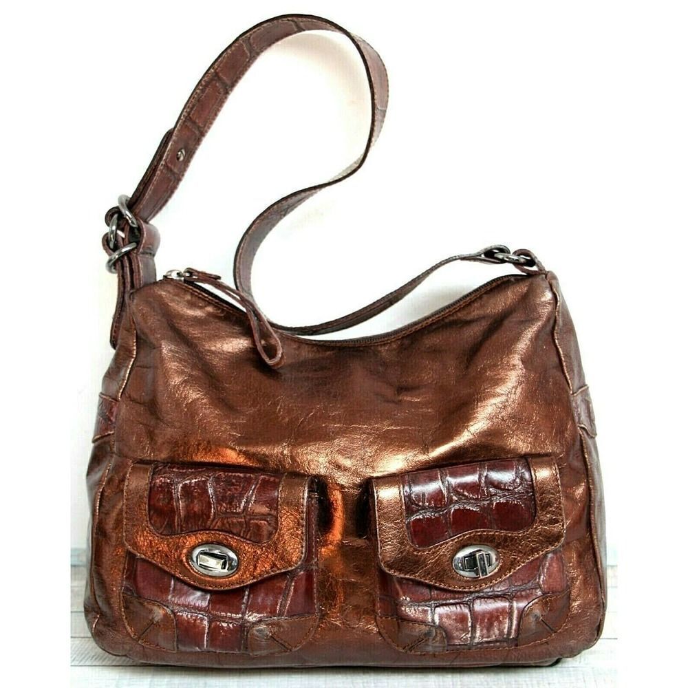 NUOVEDIVE Italy BRONZE CROCO BROWN GENUINE LEATHER ZIP TOP SHOULDER BAG HANDBAG